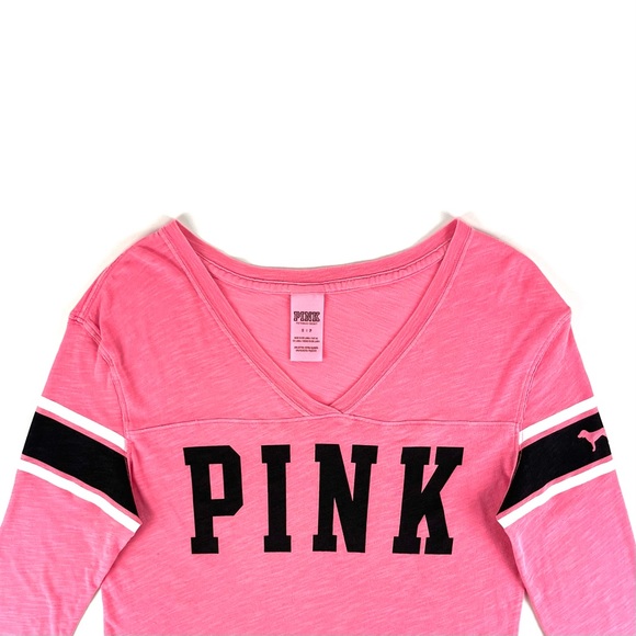 PINK Victoria’s Secret Varsity Stripe Logo Long Sleeve V-Neck Tee - Picture 3 of 7
